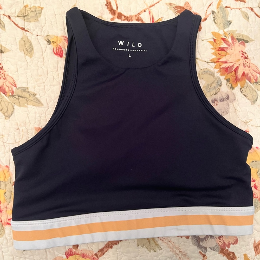 WILO Navy Sports Bra with White and Yellow Accents